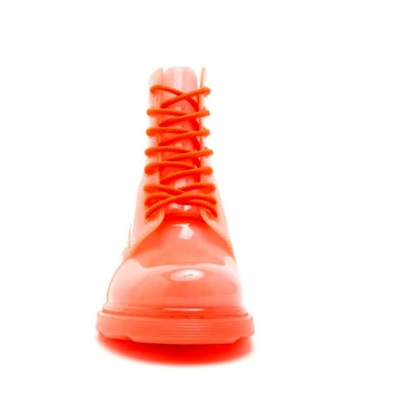 Neon Coral Lace Up Combat Style Rain Boots - Picture 3 of 7